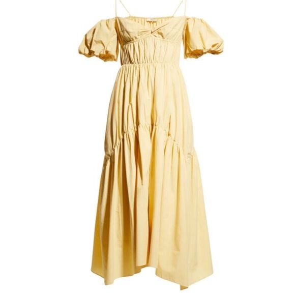 Vince Draped Midi Yellow Dress Cold-Shoulder Tiered Size 0 - Picture 12 of 16